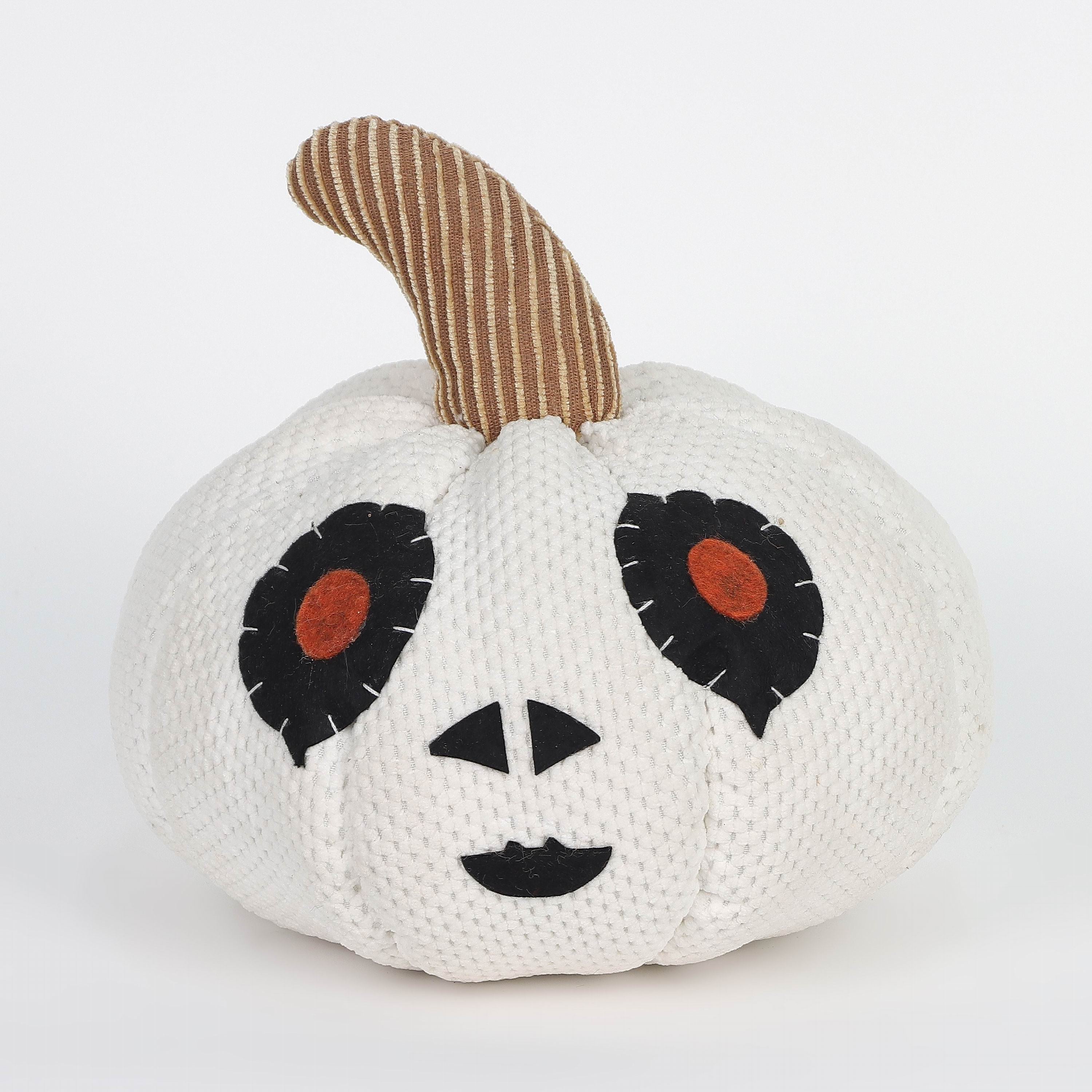 7" Halloween Fabric White Pumpkin with Face