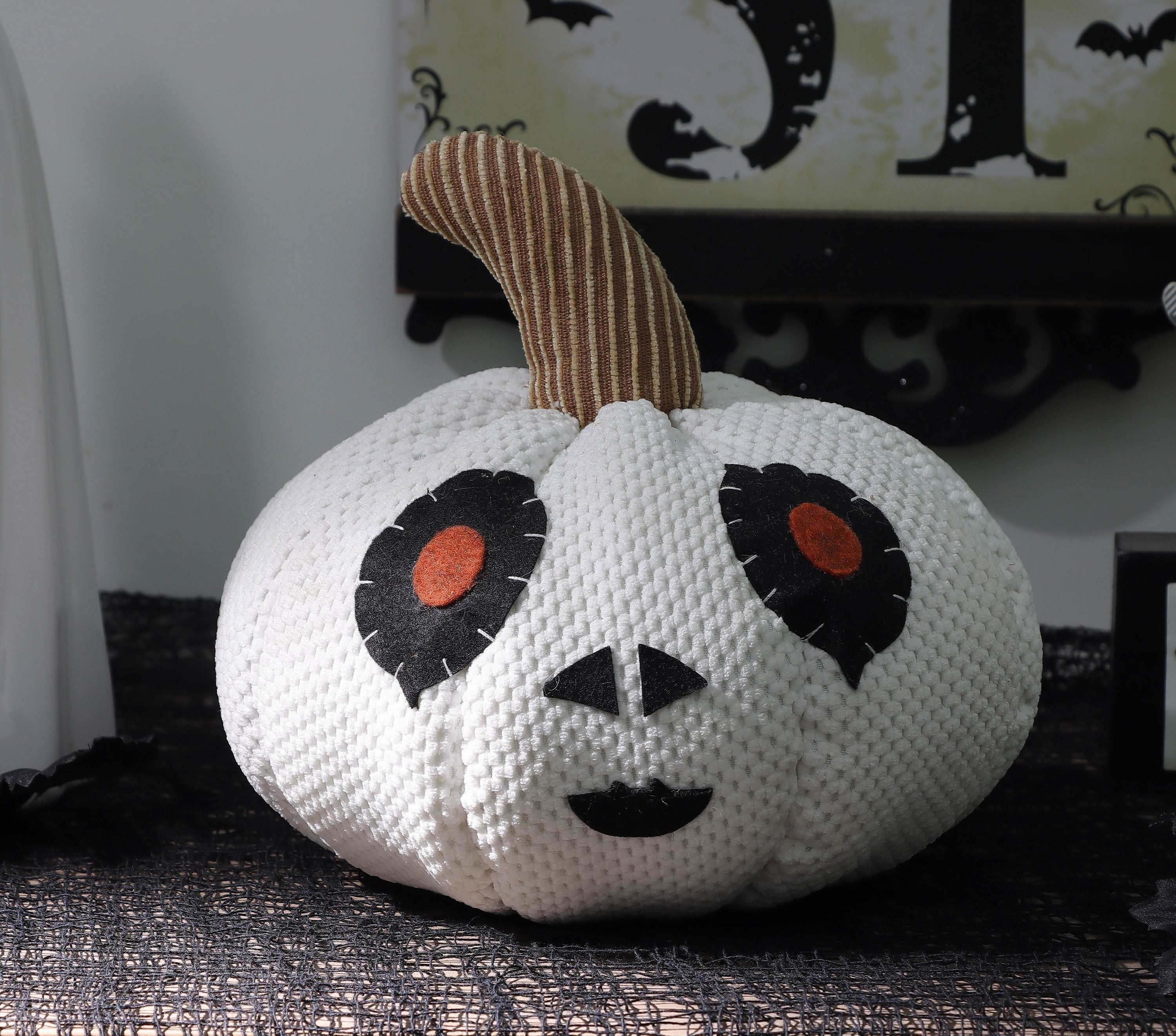 7" Halloween Fabric White Pumpkin with Face